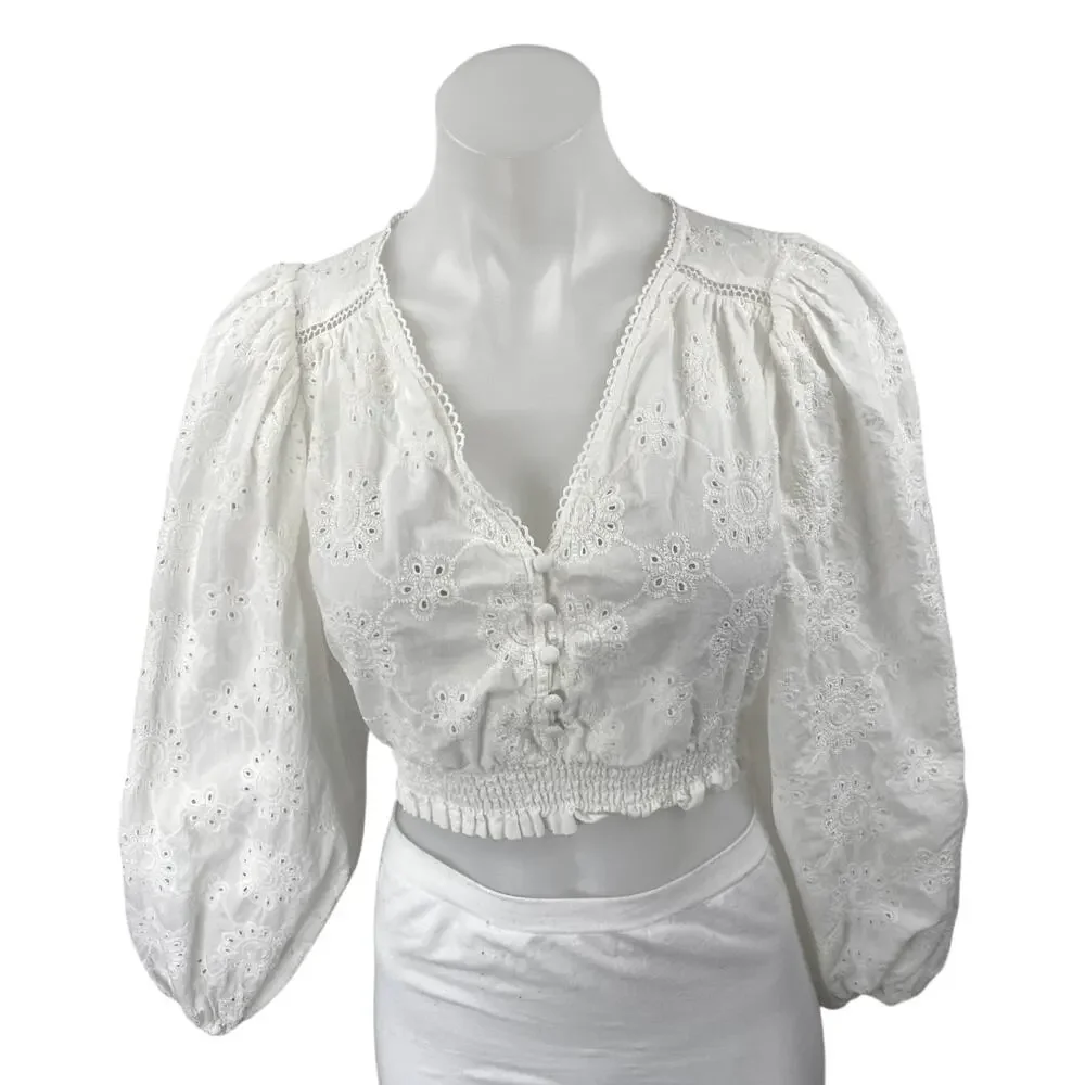 Kivary White Floral Lace Eyelet Embroidered Puff Sleeve V-Neck Crop Blouse Top 2